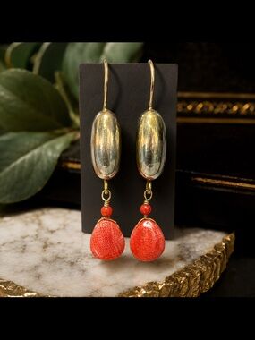 Sterling silver and gold tone Coral Teardrop Dangle Earrings - Coral Red